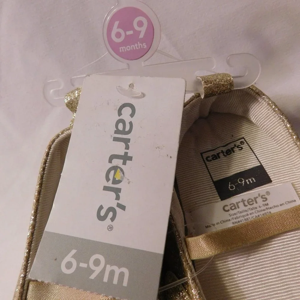 Carters Baby Girls Crib Shoes Gold Glitter Cat Design Size 6-9 Months NEW